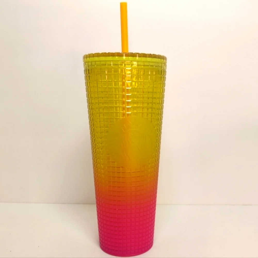 NEW Starbucks Tumbler Grid Texture Large Venti 24 oz Pink Yellow Straw 2022 - Picture 2 of 10